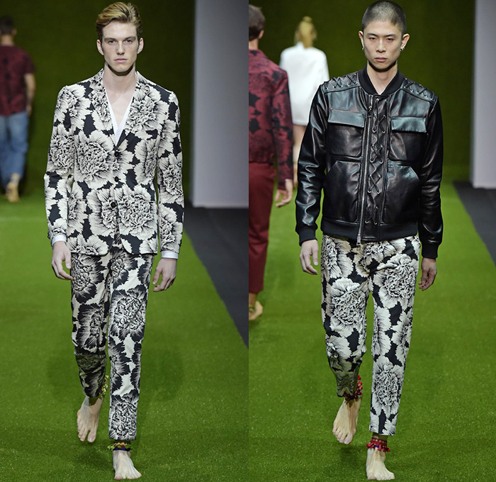 Christian Pellizzari 2015 Spring Summer Mens Runway Looks - Milano Moda Uomo Collezione Milan Fashion Week Italy Camera Nazionale della Moda Italiana - Denim Jeans Jacquard Outerwear Polka Dots Flowers Florals Flora Embroidery 3d Embellishments Drawstring Lace Up Eyelets Grommets Vest Waistcoat Coat Parka Hoodie Steel Pattern Shirt Blazer Suit Sportcoat Bomber Tuxedo Cocktail Jacket Metallic Foil Cargo Pockets Pants Trousers Khakis Chinos