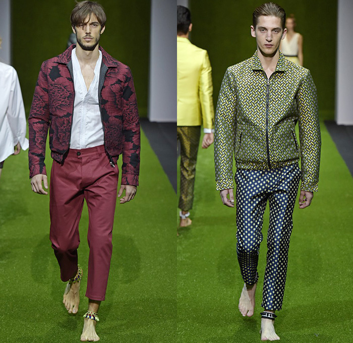 Christian Pellizzari 2015 Spring Summer Mens Runway Looks - Milano Moda Uomo Collezione Milan Fashion Week Italy Camera Nazionale della Moda Italiana - Denim Jeans Jacquard Outerwear Polka Dots Flowers Florals Flora Embroidery 3d Embellishments Drawstring Lace Up Eyelets Grommets Vest Waistcoat Coat Parka Hoodie Steel Pattern Shirt Blazer Suit Sportcoat Bomber Tuxedo Cocktail Jacket Metallic Foil Cargo Pockets Pants Trousers Khakis Chinos