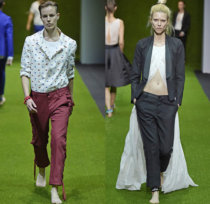 Christian Pellizzari 2015 Spring Summer Womens Runway Looks - Milano Moda Uomo Collezione Milan Fashion Week Italy Camera Nazionale della Moda Italiana - Drawstring Lace Up Eyelets Grommets Button Down Shirt Pants Trousers Wrap Tuxedo Cocktail Jacket Outerwear Train Skirt Frock Asymmetrical Hem Pleats Flowers Florals Flora Botanical Jacquard Polka Dots Embroidery Maxi Dress