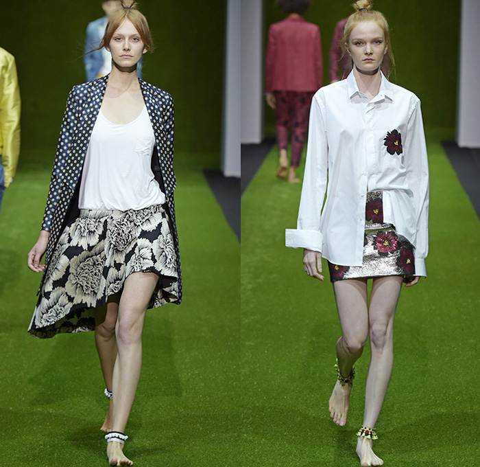 Christian Pellizzari 2015 Spring Summer Womens Runway Looks - Milano Moda Uomo Collezione Milan Fashion Week Italy Camera Nazionale della Moda Italiana - Drawstring Lace Up Eyelets Grommets Button Down Shirt Pants Trousers Wrap Tuxedo Cocktail Jacket Outerwear Train Skirt Frock Asymmetrical Hem Pleats Flowers Florals Flora Botanical Jacquard Polka Dots Embroidery Maxi Dress