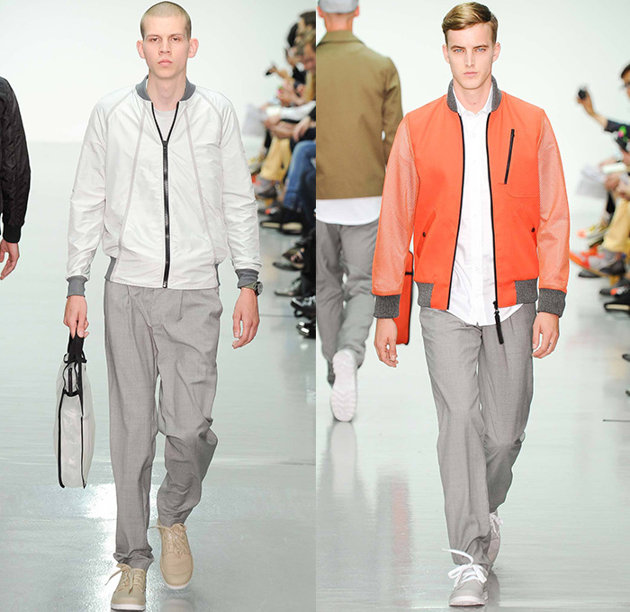 Christopher Raeburn 2015 Spring Summer Mens Runway Looks - London Collections British Fashion Council UK United Kingdom - Meridian Desert Boneyards Aviator Aircraft Military Airplanes Helicopters Missiles Motif Graphic Print Utility Perforated Mesh Parachute Bomber Jacket Outerwear Hoodie Backpack Anorak Parka Knee Panel Jogging Sweatpants Playing Cards Geometric Sweater Jumper Flowers Florals Fauna Leaves Foliage Nylon Lightweight Translucent Blazer Shorts