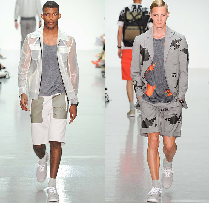 Christopher Raeburn 2015 Spring Summer Mens Runway Looks - London Collections British Fashion Council UK United Kingdom - Meridian Desert Boneyards Aviator Aircraft Military Airplanes Helicopters Missiles Motif Graphic Print Utility Perforated Mesh Parachute Bomber Jacket Outerwear Hoodie Backpack Anorak Parka Knee Panel Jogging Sweatpants Playing Cards Geometric Sweater Jumper Flowers Florals Fauna Leaves Foliage Nylon Lightweight Translucent Blazer Shorts