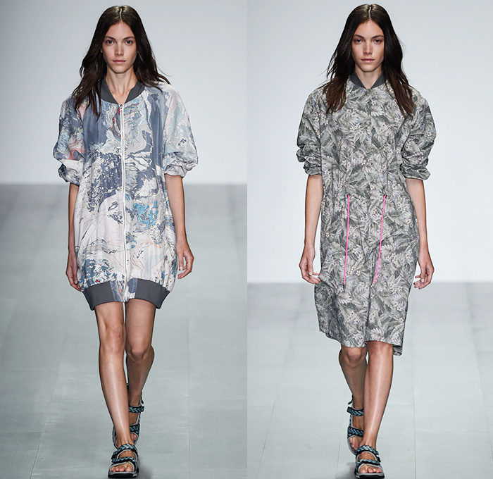 Christopher Raeburn 2015 Spring Summer Womens Runway Looks - London Fashion Week - London Collections Women British Fashion Council UK United Kingdom - Ascent Parachute Canopy Anorak Organza Silk Lightweight Digital Weather Map Repurposed Fabric Lace Up Sheer Chiffon Bombervest Bomberdress Anorakdress Leaves Foliage Drawstring Hoodie White Ensemble Coatdress Parkadress Sandals Rainwear Shirtdress Backpack Dress Jogging Sweatpants