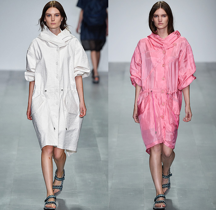 Christopher Raeburn 2015 Spring Summer Womens Runway Looks - London Fashion Week - London Collections Women British Fashion Council UK United Kingdom - Ascent Parachute Canopy Anorak Organza Silk Lightweight Digital Weather Map Repurposed Fabric Lace Up Sheer Chiffon Bombervest Bomberdress Anorakdress Leaves Foliage Drawstring Hoodie White Ensemble Coatdress Parkadress Sandals Rainwear Shirtdress Backpack Dress Jogging Sweatpants