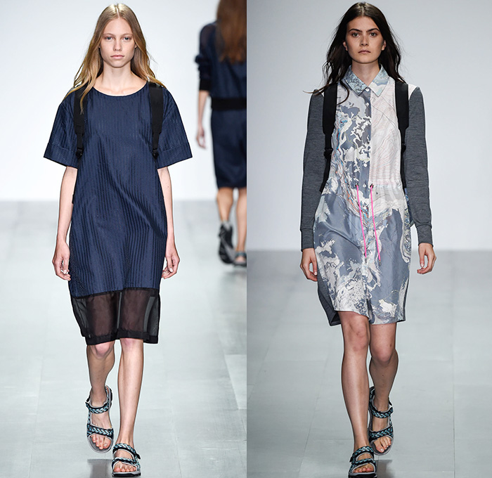 Christopher Raeburn 2015 Spring Summer Womens Runway Looks - London Fashion Week - London Collections Women British Fashion Council UK United Kingdom - Ascent Parachute Canopy Anorak Organza Silk Lightweight Digital Weather Map Repurposed Fabric Lace Up Sheer Chiffon Bombervest Bomberdress Anorakdress Leaves Foliage Drawstring Hoodie White Ensemble Coatdress Parkadress Sandals Rainwear Shirtdress Backpack Dress Jogging Sweatpants