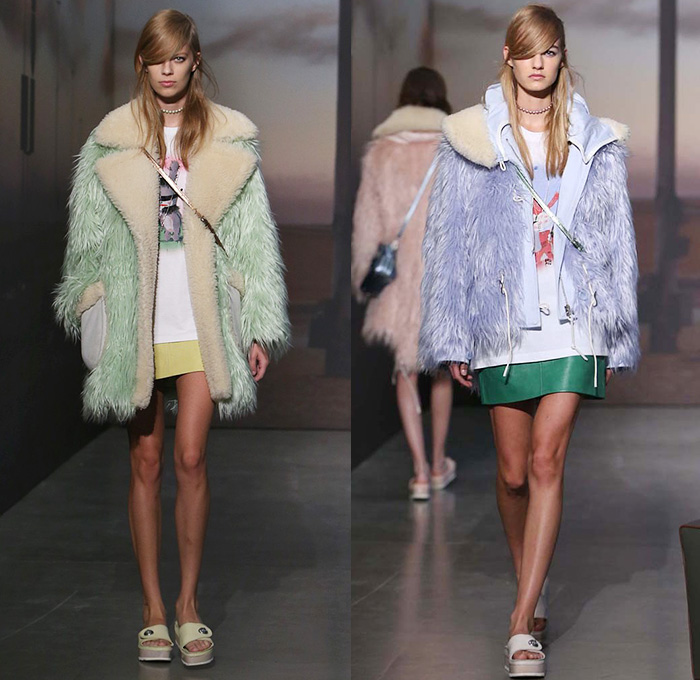 Coach 2015 Spring Summer Womens Runway Catwalk Looks - New York Fashion Week - Oversized Outerwear Coat Wide Lapel Furry Parka Skirt Frock Miniskirt Pastel Animal Spots Leopard Cheetah Bomber Jacket Animals Cartoons Field Jacket Cargo Pockets Vest Waistcoat 1970s Seventies Flare Pants Wide Leg Bell Bottom Trousers Knit Sweater Jumper Jacket Leather Crochet Shirtdress Studs Metallic 3D Embellishments Sheer Chiffon Dress