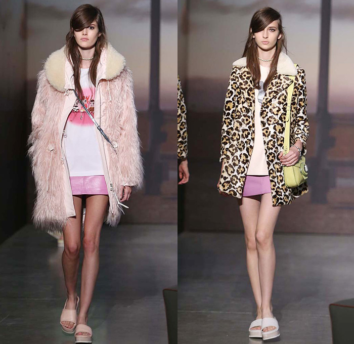 Coach 2015 Spring Summer Womens Runway Catwalk Looks - New York Fashion Week - Oversized Outerwear Coat Wide Lapel Furry Parka Skirt Frock Miniskirt Pastel Animal Spots Leopard Cheetah Bomber Jacket Animals Cartoons Field Jacket Cargo Pockets Vest Waistcoat 1970s Seventies Flare Pants Wide Leg Bell Bottom Trousers Knit Sweater Jumper Jacket Leather Crochet Shirtdress Studs Metallic 3D Embellishments Sheer Chiffon Dress