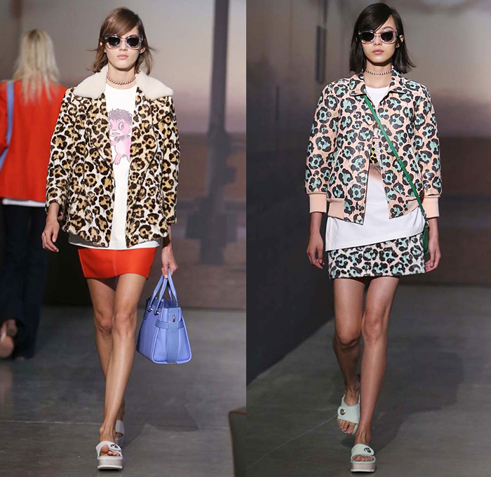 Coach 2015 Spring Summer Womens Runway Catwalk Looks - New York Fashion Week - Oversized Outerwear Coat Wide Lapel Furry Parka Skirt Frock Miniskirt Pastel Animal Spots Leopard Cheetah Bomber Jacket Animals Cartoons Field Jacket Cargo Pockets Vest Waistcoat 1970s Seventies Flare Pants Wide Leg Bell Bottom Trousers Knit Sweater Jumper Jacket Leather Crochet Shirtdress Studs Metallic 3D Embellishments Sheer Chiffon Dress