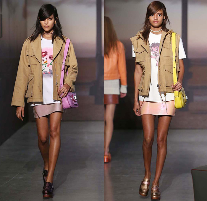 Coach 2015 Spring Summer Womens Runway Catwalk Looks - New York Fashion Week - Oversized Outerwear Coat Wide Lapel Furry Parka Skirt Frock Miniskirt Pastel Animal Spots Leopard Cheetah Bomber Jacket Animals Cartoons Field Jacket Cargo Pockets Vest Waistcoat 1970s Seventies Flare Pants Wide Leg Bell Bottom Trousers Knit Sweater Jumper Jacket Leather Crochet Shirtdress Studs Metallic 3D Embellishments Sheer Chiffon Dress