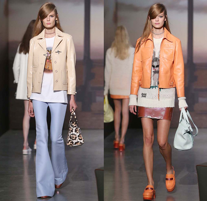 Coach 2015 Spring Summer Womens Runway Catwalk Looks - New York Fashion Week - Oversized Outerwear Coat Wide Lapel Furry Parka Skirt Frock Miniskirt Pastel Animal Spots Leopard Cheetah Bomber Jacket Animals Cartoons Field Jacket Cargo Pockets Vest Waistcoat 1970s Seventies Flare Pants Wide Leg Bell Bottom Trousers Knit Sweater Jumper Jacket Leather Crochet Shirtdress Studs Metallic 3D Embellishments Sheer Chiffon Dress