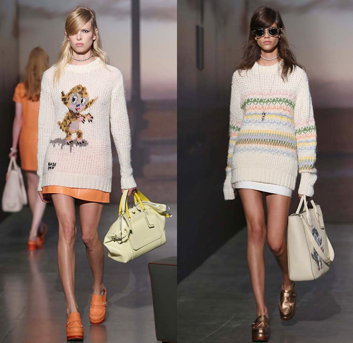 Coach 2015 Spring Summer Womens Runway Catwalk Looks - New York Fashion Week - Oversized Outerwear Coat Wide Lapel Furry Parka Skirt Frock Miniskirt Pastel Animal Spots Leopard Cheetah Bomber Jacket Animals Cartoons Field Jacket Cargo Pockets Vest Waistcoat 1970s Seventies Flare Pants Wide Leg Bell Bottom Trousers Knit Sweater Jumper Jacket Leather Crochet Shirtdress Studs Metallic 3D Embellishments Sheer Chiffon Dress