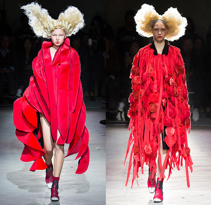 Comme des Garçons 2015 Spring Summer Womens Runway Catwalk Looks - Mode à Paris Fashion Week Prêt-à-Porter Mode Féminin Femme France Rei Kawakubo - Couture Tiered Dress Triangular Hoodie Fringes Strips Red Straps Skirt Frock Sheer Chiffon Outerwear Coat Leathers Belts Coiled Wrap Paint Splatters Drippings Art Pipes Waffle Quilted Asymmetrical Balloon Roses Ruffles Pleats Rags Gathers Layers