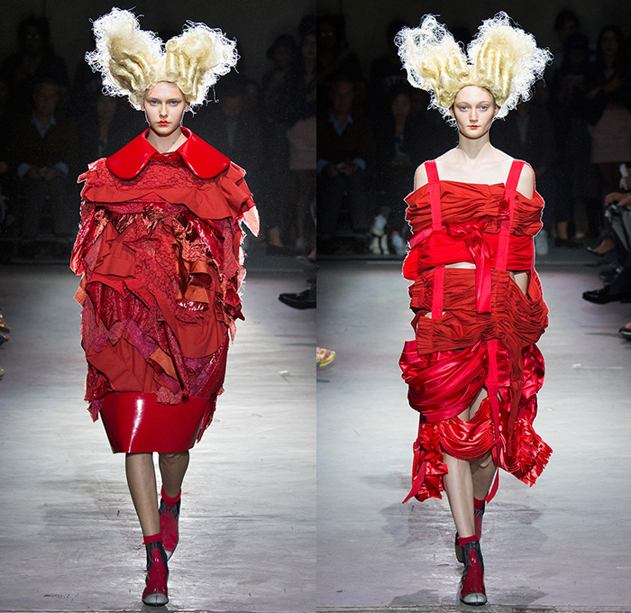 Comme des Garçons 2015 Spring Summer Womens Runway Catwalk Looks - Mode à Paris Fashion Week Prêt-à-Porter Mode Féminin Femme France Rei Kawakubo - Couture Tiered Dress Triangular Hoodie Fringes Strips Red Straps Skirt Frock Sheer Chiffon Outerwear Coat Leathers Belts Coiled Wrap Paint Splatters Drippings Art Pipes Waffle Quilted Asymmetrical Balloon Roses Ruffles Pleats Rags Gathers Layers