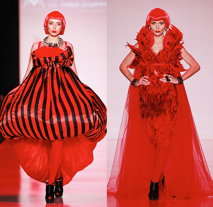 CONTRFASHION 2015 Spring Summer Womens Runway Catwalk Looks - Mercedes-Benz Fashion Week Moscow Russia - Circus Carnival Stripes Balloon Skirt Dress Sheer Chiffon Peek-A-Boo Feathers One Off Shoulder Wings Horns Knit Crochet PVC Black Dark Bustier Skirt Frock Ruffles Loops Leggings Gown