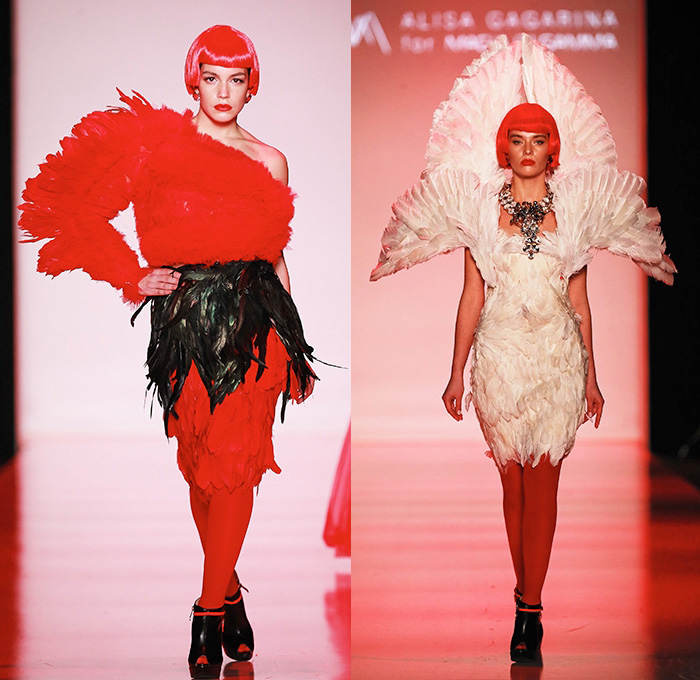 CONTRFASHION 2015 Spring Summer Womens Runway Catwalk Looks - Mercedes-Benz Fashion Week Moscow Russia - Circus Carnival Stripes Balloon Skirt Dress Sheer Chiffon Peek-A-Boo Feathers One Off Shoulder Wings Horns Knit Crochet PVC Black Dark Bustier Skirt Frock Ruffles Loops Leggings Gown