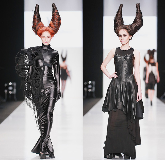 CONTRFASHION 2015 Spring Summer Womens Runway Catwalk Looks - Mercedes-Benz Fashion Week Moscow Russia - Circus Carnival Stripes Balloon Skirt Dress Sheer Chiffon Peek-A-Boo Feathers One Off Shoulder Wings Horns Knit Crochet PVC Black Dark Bustier Skirt Frock Ruffles Loops Leggings Gown