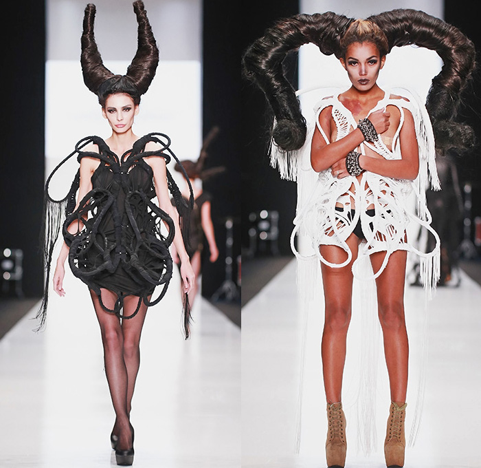 CONTRFASHION 2015 Spring Summer Womens Runway Catwalk Looks - Mercedes-Benz Fashion Week Moscow Russia - Circus Carnival Stripes Balloon Skirt Dress Sheer Chiffon Peek-A-Boo Feathers One Off Shoulder Wings Horns Knit Crochet PVC Black Dark Bustier Skirt Frock Ruffles Loops Leggings Gown