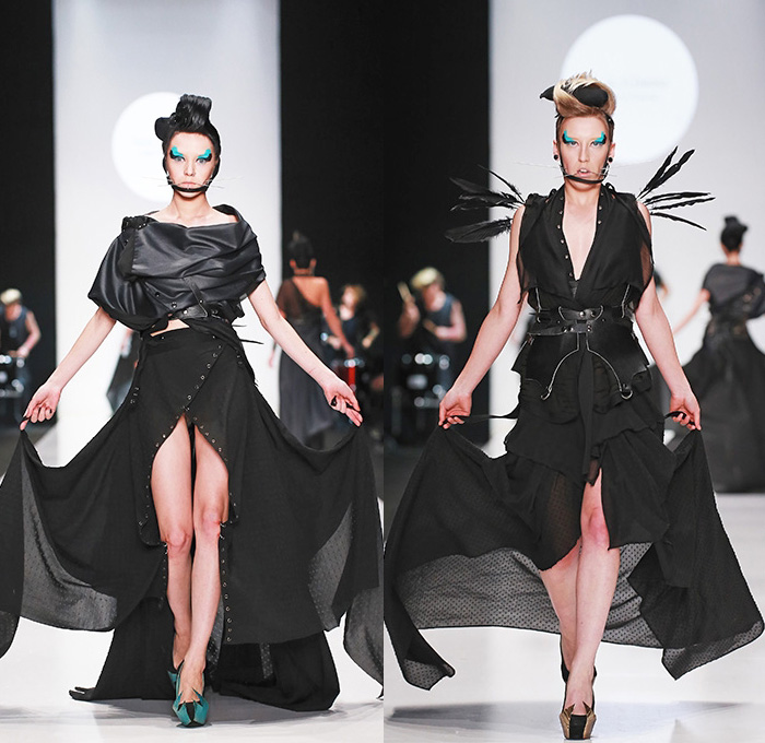 CONTRFASHION 2015 Spring Summer Womens Runway Catwalk Looks - Mercedes-Benz Fashion Week Moscow Russia - Circus Carnival Stripes Balloon Skirt Dress Sheer Chiffon Peek-A-Boo Feathers One Off Shoulder Wings Horns Knit Crochet PVC Black Dark Bustier Skirt Frock Ruffles Loops Leggings Gown