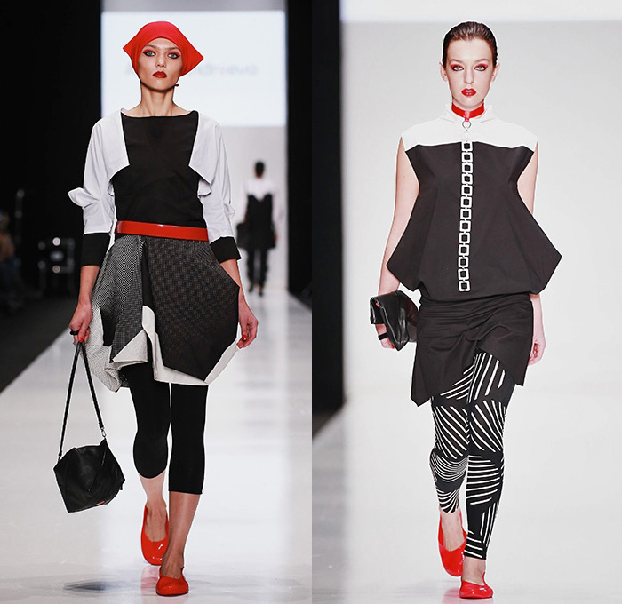 CONTRFASHION 2015 Spring Summer Womens Runway Catwalk Looks - Mercedes-Benz Fashion Week Moscow Russia - Circus Carnival Stripes Balloon Skirt Dress Sheer Chiffon Peek-A-Boo Feathers One Off Shoulder Wings Horns Knit Crochet PVC Black Dark Bustier Skirt Frock Ruffles Loops Leggings Gown