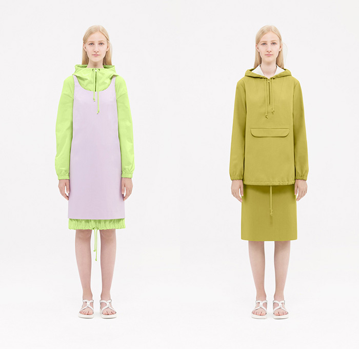 COS 2015 Spring Summer Womens Lookbook Presentation - Collection of Style Sweden - Shirtdress Dovetail Shorts Minimalist Mesh Parka Raincoat Hoodie Sheer Chiffon Long Shirt Coatdress Vestdress Banded Strap Culottes Belted Waist Metallic Ruffled PVC Raincoat One Sleeve Blazer Pencil Skirt Slit A-line Egg Shape Anorak Drawstring Curved Concave Handkerchief Rectangular Asymmetrical Hem