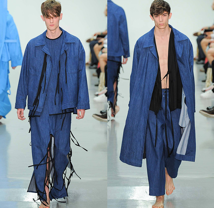 Craig Green 2015 Spring Summer Mens Runway Looks - London Collections: Men British Fashion Council UK United Kingdom - Silent Protest Zen Banners Denim Jeans Outerwear Jacket Wide Leg Trousers Palazzo Pants Drawstrings Wrap Warrior Priest Oversized Coat Sash Belt Layers Sweater Jumper Crop Top Midriff Cutout Martial Arts Gi Dogi Uniform