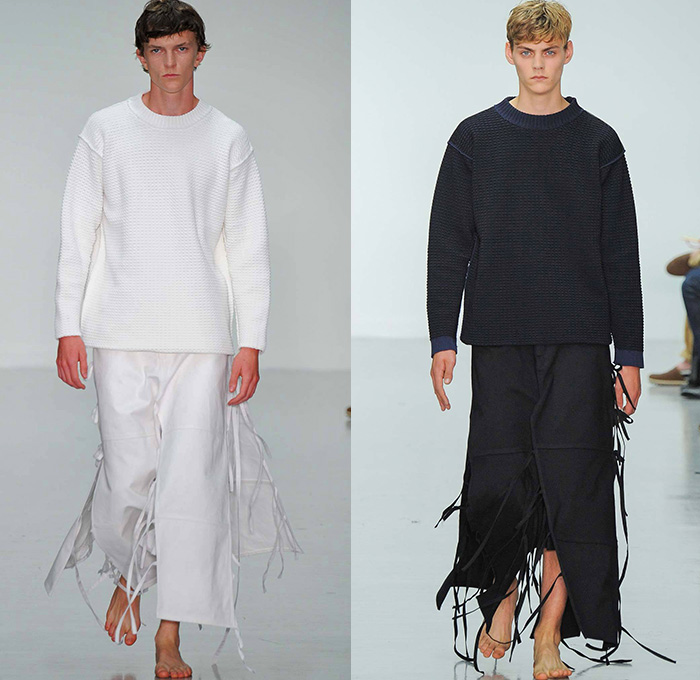 Craig Green 2015 Spring Summer Mens Runway Looks - London Collections: Men British Fashion Council UK United Kingdom - Silent Protest Zen Banners Denim Jeans Outerwear Jacket Wide Leg Trousers Palazzo Pants Drawstrings Wrap Warrior Priest Oversized Coat Sash Belt Layers Sweater Jumper Crop Top Midriff Cutout Martial Arts Gi Dogi Uniform