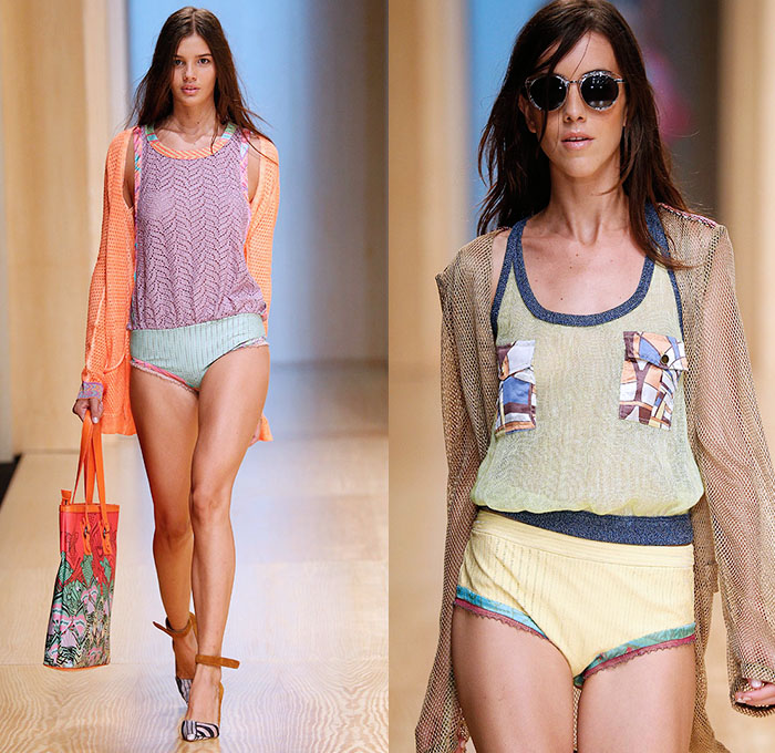 Custo Barcelona 2015 Spring Summer Womens Runway Catwalk Looks - 080 Barcelona Fashion Catalonia Catalan Spain - Mix Match Geometric Patterns Ethnic Folk Animal Stripes Zebra Parrot Bird Safari Jungle Knit Lace Mesh Swimwear Bikini Cardigan Crop Top Midriff Outerwear Jacket Coat Holes Sweater Jumper Shorts Sheer Chiffon Handkerchief Angular Curved Dolphin Hem Sleeveless Pants Trousers Shirt Multi Panel Bandeau Top Flowers Florals Dress Skirt Frock Silk Shirtdress