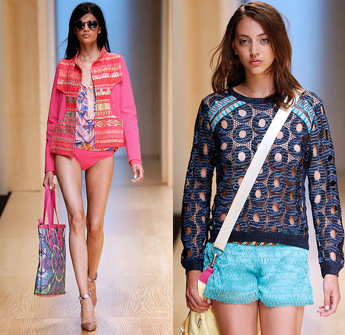 Custo Barcelona 2015 Spring Summer Womens Runway Catwalk Looks - 080 Barcelona Fashion Catalonia Catalan Spain - Mix Match Geometric Patterns Ethnic Folk Animal Stripes Zebra Parrot Bird Safari Jungle Knit Lace Mesh Swimwear Bikini Cardigan Crop Top Midriff Outerwear Jacket Coat Holes Sweater Jumper Shorts Sheer Chiffon Handkerchief Angular Curved Dolphin Hem Sleeveless Pants Trousers Shirt Multi Panel Bandeau Top Flowers Florals Dress Skirt Frock Silk Shirtdress