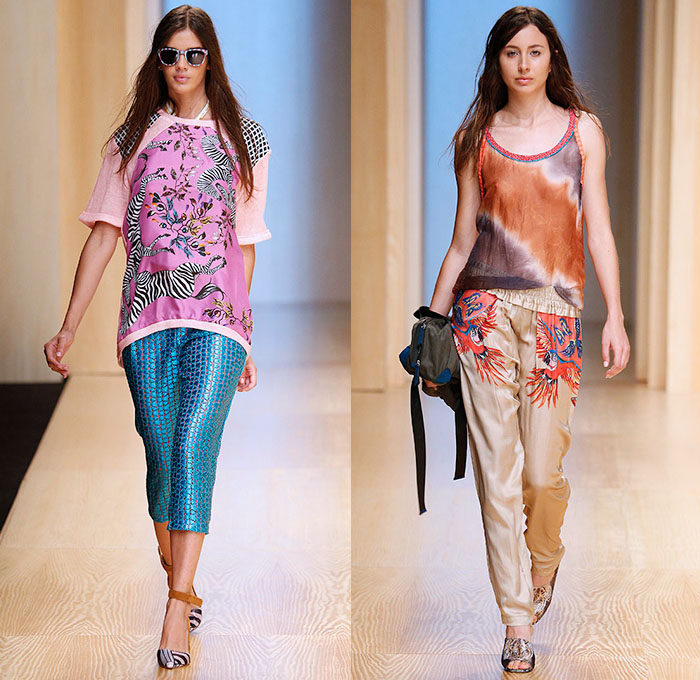 Custo Barcelona 2015 Spring Summer Womens Runway Catwalk Looks - 080 Barcelona Fashion Catalonia Catalan Spain - Mix Match Geometric Patterns Ethnic Folk Animal Stripes Zebra Parrot Bird Safari Jungle Knit Lace Mesh Swimwear Bikini Cardigan Crop Top Midriff Outerwear Jacket Coat Holes Sweater Jumper Shorts Sheer Chiffon Handkerchief Angular Curved Dolphin Hem Sleeveless Pants Trousers Shirt Multi Panel Bandeau Top Flowers Florals Dress Skirt Frock Silk Shirtdress
