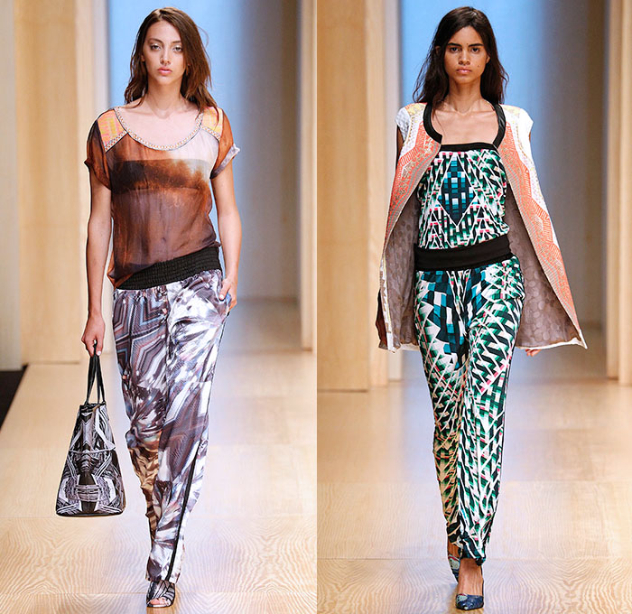 Custo Barcelona 2015 Spring Summer Womens Runway Catwalk Looks - 080 Barcelona Fashion Catalonia Catalan Spain - Mix Match Geometric Patterns Ethnic Folk Animal Stripes Zebra Parrot Bird Safari Jungle Knit Lace Mesh Swimwear Bikini Cardigan Crop Top Midriff Outerwear Jacket Coat Holes Sweater Jumper Shorts Sheer Chiffon Handkerchief Angular Curved Dolphin Hem Sleeveless Pants Trousers Shirt Multi Panel Bandeau Top Flowers Florals Dress Skirt Frock Silk Shirtdress