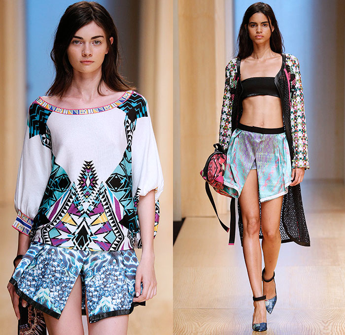 Custo Barcelona 2015 Spring Summer Womens Runway Catwalk Looks - 080 Barcelona Fashion Catalonia Catalan Spain - Mix Match Geometric Patterns Ethnic Folk Animal Stripes Zebra Parrot Bird Safari Jungle Knit Lace Mesh Swimwear Bikini Cardigan Crop Top Midriff Outerwear Jacket Coat Holes Sweater Jumper Shorts Sheer Chiffon Handkerchief Angular Curved Dolphin Hem Sleeveless Pants Trousers Shirt Multi Panel Bandeau Top Flowers Florals Dress Skirt Frock Silk Shirtdress