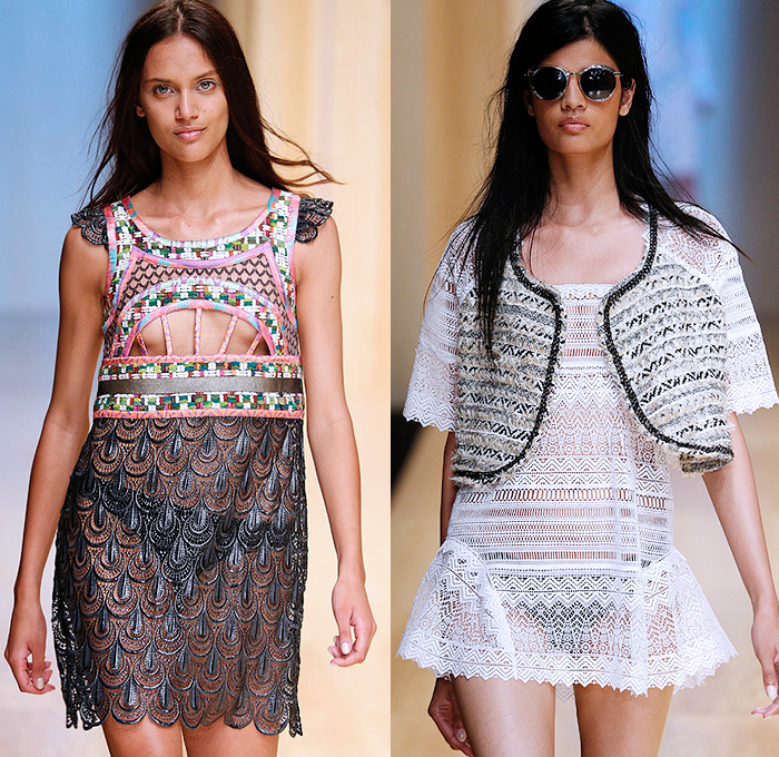 Custo Barcelona 2015 Spring Summer Womens Runway Catwalk Looks - 080 Barcelona Fashion Catalonia Catalan Spain - Mix Match Geometric Patterns Ethnic Folk Animal Stripes Zebra Parrot Bird Safari Jungle Knit Lace Mesh Swimwear Bikini Cardigan Crop Top Midriff Outerwear Jacket Coat Holes Sweater Jumper Shorts Sheer Chiffon Handkerchief Angular Curved Dolphin Hem Sleeveless Pants Trousers Shirt Multi Panel Bandeau Top Flowers Florals Dress Skirt Frock Silk Shirtdress