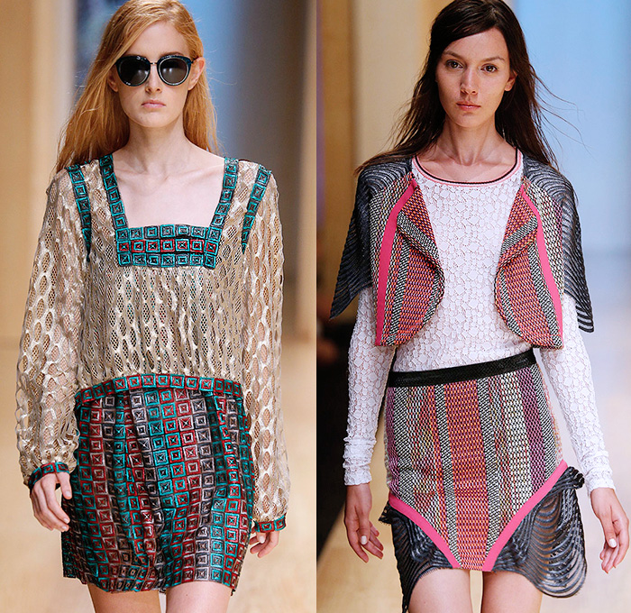 Custo Barcelona 2015 Spring Summer Womens Runway Catwalk Looks - 080 Barcelona Fashion Catalonia Catalan Spain - Mix Match Geometric Patterns Ethnic Folk Animal Stripes Zebra Parrot Bird Safari Jungle Knit Lace Mesh Swimwear Bikini Cardigan Crop Top Midriff Outerwear Jacket Coat Holes Sweater Jumper Shorts Sheer Chiffon Handkerchief Angular Curved Dolphin Hem Sleeveless Pants Trousers Shirt Multi Panel Bandeau Top Flowers Florals Dress Skirt Frock Silk Shirtdress
