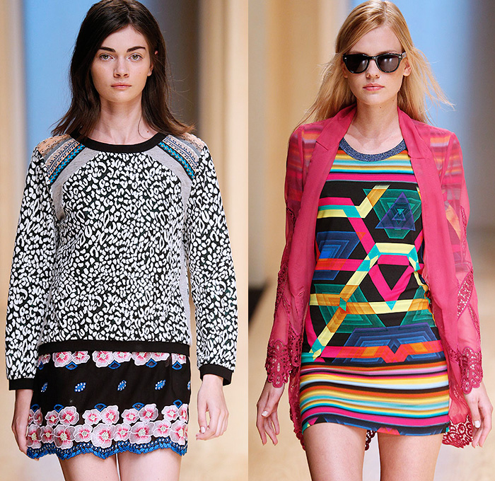 Custo Barcelona 2015 Spring Summer Womens Runway Catwalk Looks - 080 Barcelona Fashion Catalonia Catalan Spain - Mix Match Geometric Patterns Ethnic Folk Animal Stripes Zebra Parrot Bird Safari Jungle Knit Lace Mesh Swimwear Bikini Cardigan Crop Top Midriff Outerwear Jacket Coat Holes Sweater Jumper Shorts Sheer Chiffon Handkerchief Angular Curved Dolphin Hem Sleeveless Pants Trousers Shirt Multi Panel Bandeau Top Flowers Florals Dress Skirt Frock Silk Shirtdress