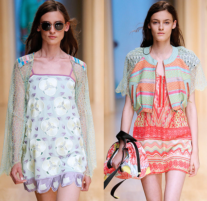Custo Barcelona 2015 Spring Summer Womens Runway Catwalk Looks - 080 Barcelona Fashion Catalonia Catalan Spain - Mix Match Geometric Patterns Ethnic Folk Animal Stripes Zebra Parrot Bird Safari Jungle Knit Lace Mesh Swimwear Bikini Cardigan Crop Top Midriff Outerwear Jacket Coat Holes Sweater Jumper Shorts Sheer Chiffon Handkerchief Angular Curved Dolphin Hem Sleeveless Pants Trousers Shirt Multi Panel Bandeau Top Flowers Florals Dress Skirt Frock Silk Shirtdress