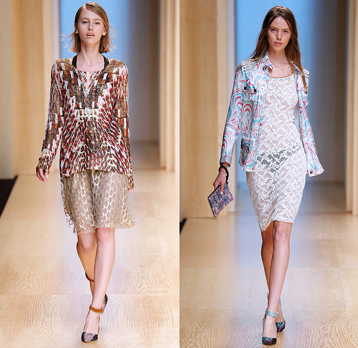 Custo Barcelona 2015 Spring Summer Womens Runway Catwalk Looks - 080 Barcelona Fashion Catalonia Catalan Spain - Mix Match Geometric Patterns Ethnic Folk Animal Stripes Zebra Parrot Bird Safari Jungle Knit Lace Mesh Swimwear Bikini Cardigan Crop Top Midriff Outerwear Jacket Coat Holes Sweater Jumper Shorts Sheer Chiffon Handkerchief Angular Curved Dolphin Hem Sleeveless Pants Trousers Shirt Multi Panel Bandeau Top Flowers Florals Dress Skirt Frock Silk Shirtdress