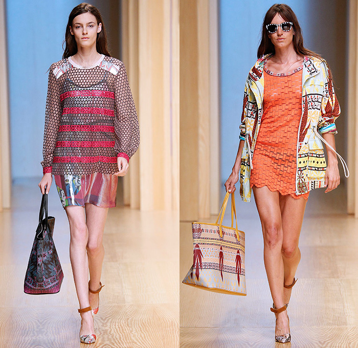 Custo Barcelona 2015 Spring Summer Womens Runway Catwalk Looks - 080 Barcelona Fashion Catalonia Catalan Spain - Mix Match Geometric Patterns Ethnic Folk Animal Stripes Zebra Parrot Bird Safari Jungle Knit Lace Mesh Swimwear Bikini Cardigan Crop Top Midriff Outerwear Jacket Coat Holes Sweater Jumper Shorts Sheer Chiffon Handkerchief Angular Curved Dolphin Hem Sleeveless Pants Trousers Shirt Multi Panel Bandeau Top Flowers Florals Dress Skirt Frock Silk Shirtdress