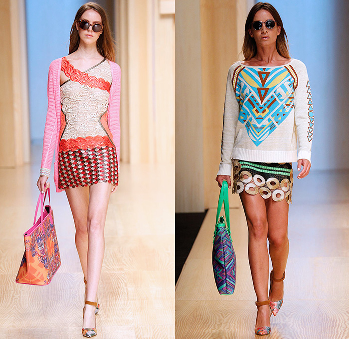 Custo Barcelona 2015 Spring Summer Womens Runway Catwalk Looks - 080 Barcelona Fashion Catalonia Catalan Spain - Mix Match Geometric Patterns Ethnic Folk Animal Stripes Zebra Parrot Bird Safari Jungle Knit Lace Mesh Swimwear Bikini Cardigan Crop Top Midriff Outerwear Jacket Coat Holes Sweater Jumper Shorts Sheer Chiffon Handkerchief Angular Curved Dolphin Hem Sleeveless Pants Trousers Shirt Multi Panel Bandeau Top Flowers Florals Dress Skirt Frock Silk Shirtdress