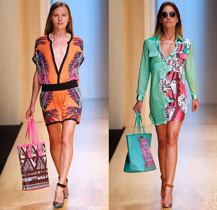 Custo Barcelona 2015 Spring Summer Womens Runway Catwalk Looks - 080 Barcelona Fashion Catalonia Catalan Spain - Mix Match Geometric Patterns Ethnic Folk Animal Stripes Zebra Parrot Bird Safari Jungle Knit Lace Mesh Swimwear Bikini Cardigan Crop Top Midriff Outerwear Jacket Coat Holes Sweater Jumper Shorts Sheer Chiffon Handkerchief Angular Curved Dolphin Hem Sleeveless Pants Trousers Shirt Multi Panel Bandeau Top Flowers Florals Dress Skirt Frock Silk Shirtdress