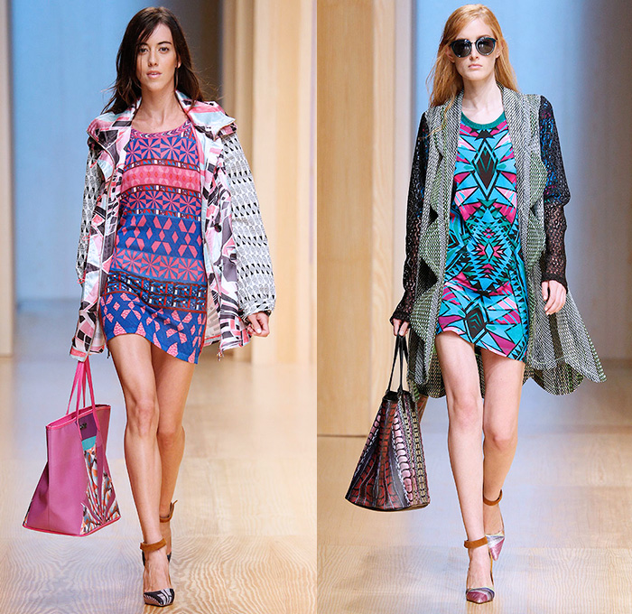 Custo Barcelona 2015 Spring Summer Womens Runway Catwalk Looks - 080 Barcelona Fashion Catalonia Catalan Spain - Mix Match Geometric Patterns Ethnic Folk Animal Stripes Zebra Parrot Bird Safari Jungle Knit Lace Mesh Swimwear Bikini Cardigan Crop Top Midriff Outerwear Jacket Coat Holes Sweater Jumper Shorts Sheer Chiffon Handkerchief Angular Curved Dolphin Hem Sleeveless Pants Trousers Shirt Multi Panel Bandeau Top Flowers Florals Dress Skirt Frock Silk Shirtdress