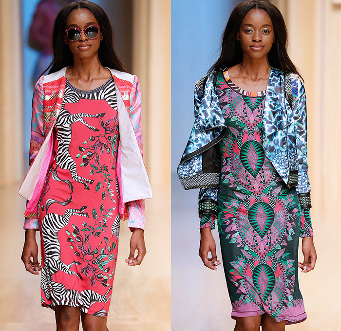 Custo Barcelona 2015 Spring Summer Womens Runway Catwalk Looks - 080 Barcelona Fashion Catalonia Catalan Spain - Mix Match Geometric Patterns Ethnic Folk Animal Stripes Zebra Parrot Bird Safari Jungle Knit Lace Mesh Swimwear Bikini Cardigan Crop Top Midriff Outerwear Jacket Coat Holes Sweater Jumper Shorts Sheer Chiffon Handkerchief Angular Curved Dolphin Hem Sleeveless Pants Trousers Shirt Multi Panel Bandeau Top Flowers Florals Dress Skirt Frock Silk Shirtdress
