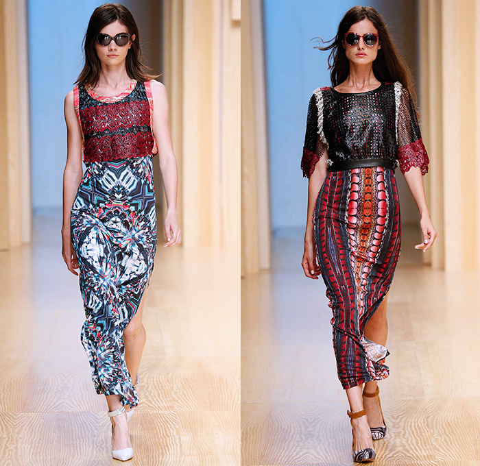 Custo Barcelona 2015 Spring Summer Womens Runway Catwalk Looks - 080 Barcelona Fashion Catalonia Catalan Spain - Mix Match Geometric Patterns Ethnic Folk Animal Stripes Zebra Parrot Bird Safari Jungle Knit Lace Mesh Swimwear Bikini Cardigan Crop Top Midriff Outerwear Jacket Coat Holes Sweater Jumper Shorts Sheer Chiffon Handkerchief Angular Curved Dolphin Hem Sleeveless Pants Trousers Shirt Multi Panel Bandeau Top Flowers Florals Dress Skirt Frock Silk Shirtdress