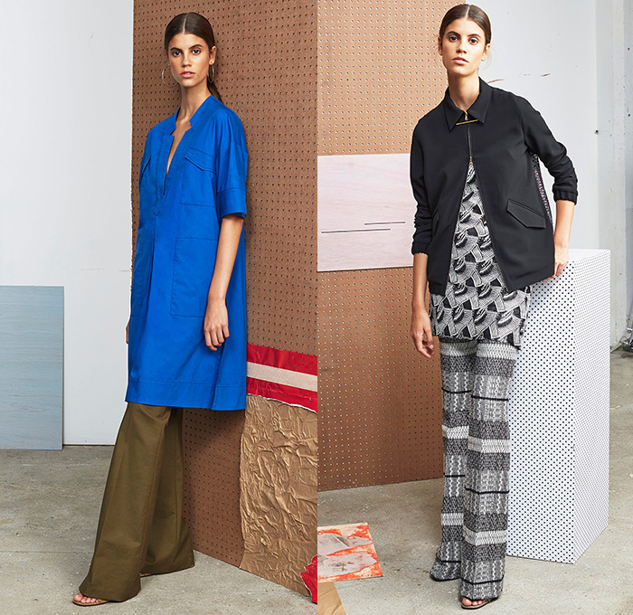 Derek Lam 10 Crosby 2015 Spring Summer Womens Lookbook Presentation - New York Fashion Week - Oversized Outerwear Coat Wide Leg Trousers Flare Palazzo Pants Knit Crochet Mesh Weave White Ensemble Banded Belt Straps Gold Boots Wrap Handkerchief Curved Hem Stripes Vestdress Accordion Pleats Shirtdress Blousedresss Extra Panel Asymmetrical Brace Tunic Cargo Pockets Skirt Frock Dress