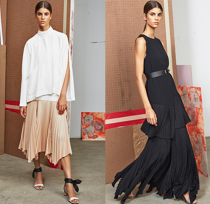 Derek Lam 10 Crosby 2015 Spring Summer Womens Lookbook Presentation - New York Fashion Week - Oversized Outerwear Coat Wide Leg Trousers Flare Palazzo Pants Knit Crochet Mesh Weave White Ensemble Banded Belt Straps Gold Boots Wrap Handkerchief Curved Hem Stripes Vestdress Accordion Pleats Shirtdress Blousedresss Extra Panel Asymmetrical Brace Tunic Cargo Pockets Skirt Frock Dress