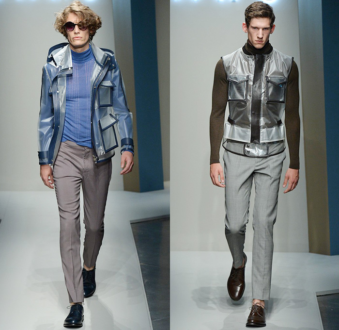 DAKS London 2015 Spring Summer Mens Runway Looks - Milano Moda Uomo Collezione Milan Fashion Week Italy Camera Nazionale della Moda Italiana - Outerwear Parka Coat Rainwear Rain Bomber Jacket Transparent Plastic Sweater Jumper Jogging Sweatpants Sneakers Trainers Pants Trousers Turtleneck Cargo Pockets Vest Waistcoat Henley Necktie Blazer Polo Shirt Embossed Engraved Motorcycle Biker Rider Honeycomb Blazer Shorts Sleeveless Tank Top