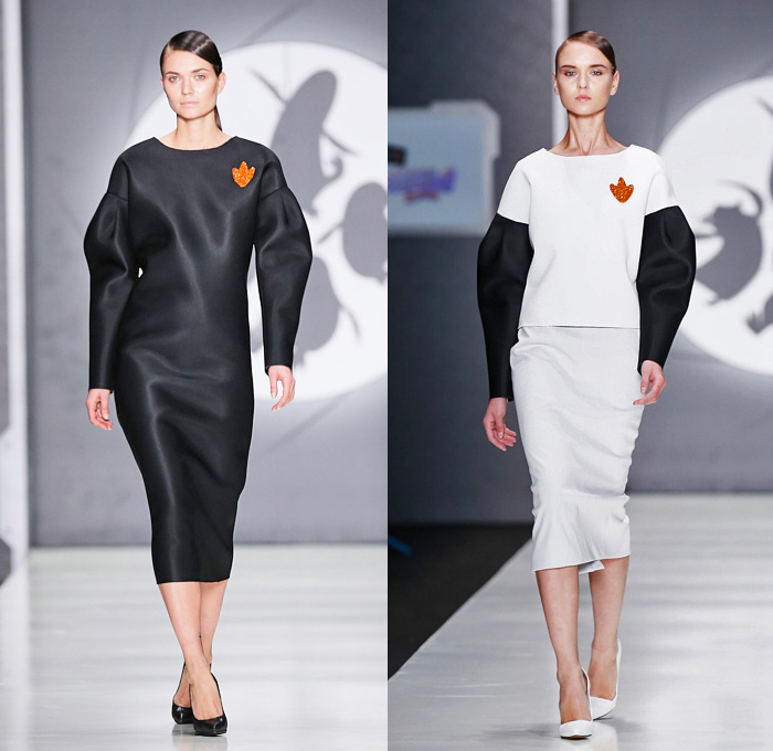 Dasha Gauser for the Penguins of Madagascar 2015 Spring Summer Womens Runway Catwalk Looks - Mercedes-Benz Fashion Week Moscow Russia - Ruffles Halter Top Jumpsuit Coveralls Onesie Lace Winged Sleeves Dress Jacketdress Tuxedogown Gown Black White Pointed Shoulders Wide Lapel Bloated Sleeves Pencil Skirt Zipper Frock Jacquard Bomber Jacket Vest Waistcoat Cutout Panel Coatdress