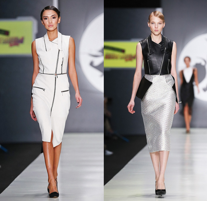 Dasha Gauser for the Penguins of Madagascar 2015 Spring Summer Womens Runway Catwalk Looks - Mercedes-Benz Fashion Week Moscow Russia - Ruffles Halter Top Jumpsuit Coveralls Onesie Lace Winged Sleeves Dress Jacketdress Tuxedogown Gown Black White Pointed Shoulders Wide Lapel Bloated Sleeves Pencil Skirt Zipper Frock Jacquard Bomber Jacket Vest Waistcoat Cutout Panel Coatdress
