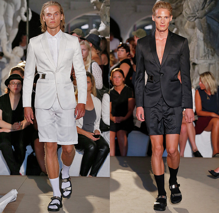 David Andersen 2015 Spring Summer Mens Runway Catwalk Looks - Copenhagen Fashion Week Denmark - Black White Ensemble Blazer Shorts Grosgrain Banded Strap Multi-Panel Socks Sandals Motorcycle Moto Biker Rider Sweater Jumper Androgyny Androgynous Skirt Manskirt Kilt Vest Waistcoat Pants Trousers V-Neck Jacket Bomber Jacket Weave Zipper Outerwear