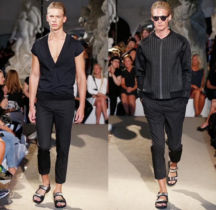 David Andersen 2015 Spring Summer Mens Runway Catwalk Looks - Copenhagen Fashion Week Denmark - Black White Ensemble Blazer Shorts Grosgrain Banded Strap Multi-Panel Socks Sandals Motorcycle Moto Biker Rider Sweater Jumper Androgyny Androgynous Skirt Manskirt Kilt Vest Waistcoat Pants Trousers V-Neck Jacket Bomber Jacket Weave Zipper Outerwear
