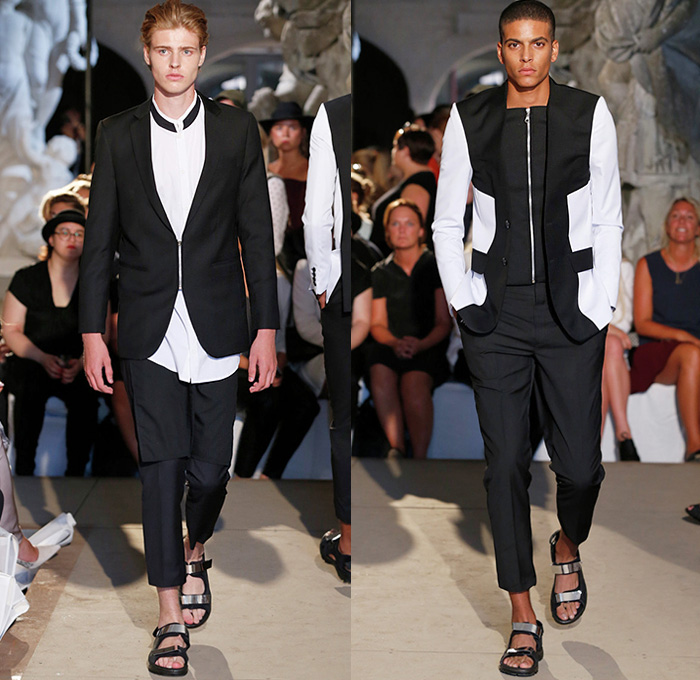David Andersen 2015 Spring Summer Mens Runway Catwalk Looks - Copenhagen Fashion Week Denmark - Black White Ensemble Blazer Shorts Grosgrain Banded Strap Multi-Panel Socks Sandals Motorcycle Moto Biker Rider Sweater Jumper Androgyny Androgynous Skirt Manskirt Kilt Vest Waistcoat Pants Trousers V-Neck Jacket Bomber Jacket Weave Zipper Outerwear